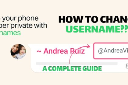 Featuring WhatsApp new Update ”How to Change Username?? A Complete Guide" with the subtitle "Keep your phone number private with Usernames." Features a WhatsApp chat bubble mockup showing a profile photo of a woman with a child, the name "Andrea Ruiz," and a highlighted username field reading "@AndreaVibes" with a pink arrow pointing to it. A WhatsApp logo appears in the bottom left corner.