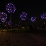Purple illuminated dandelion-shaped light sculptures along CBD Route 47 at night