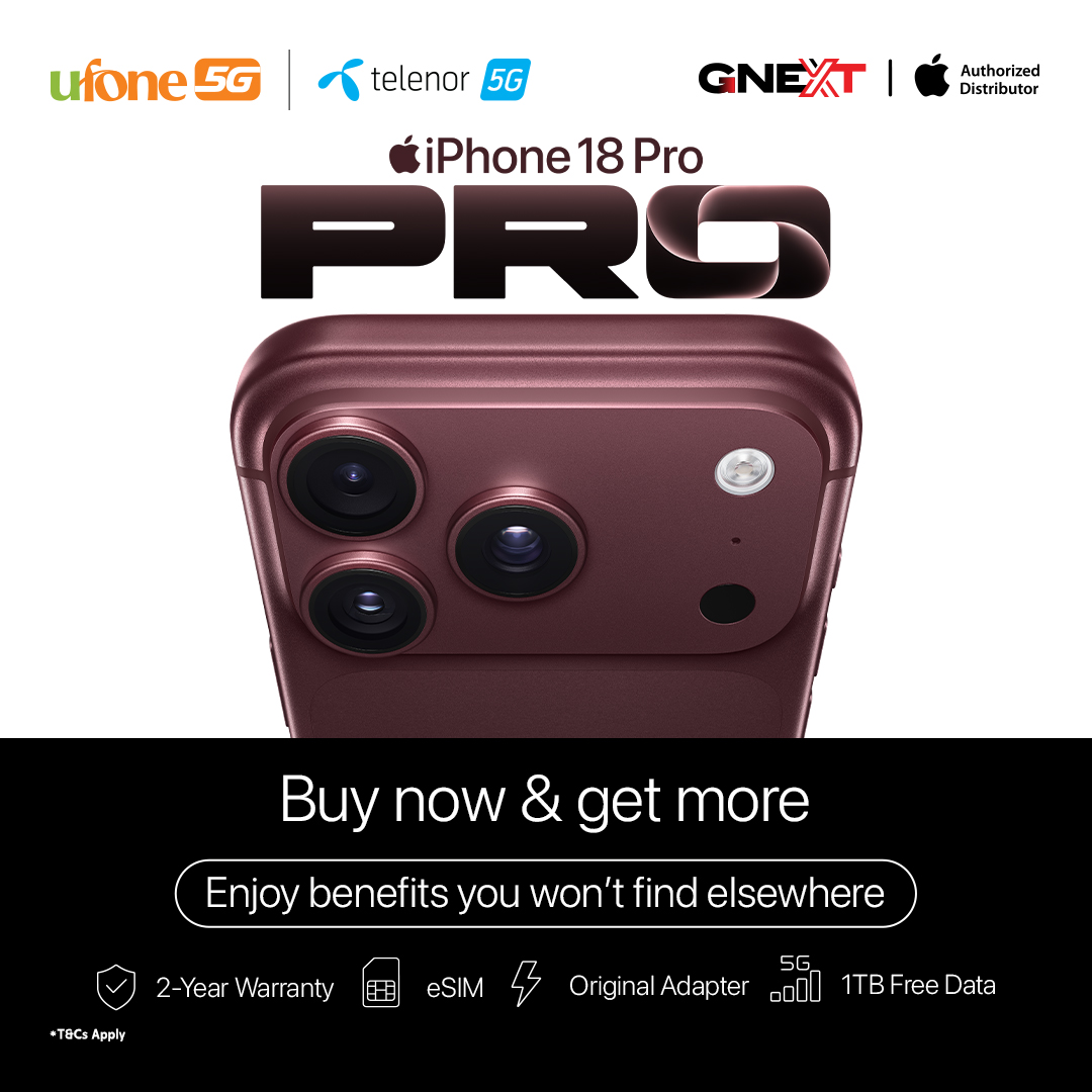 Apple iPhone 18 Pro promotional graphic with Ufone, Telenor and GNEXT branding