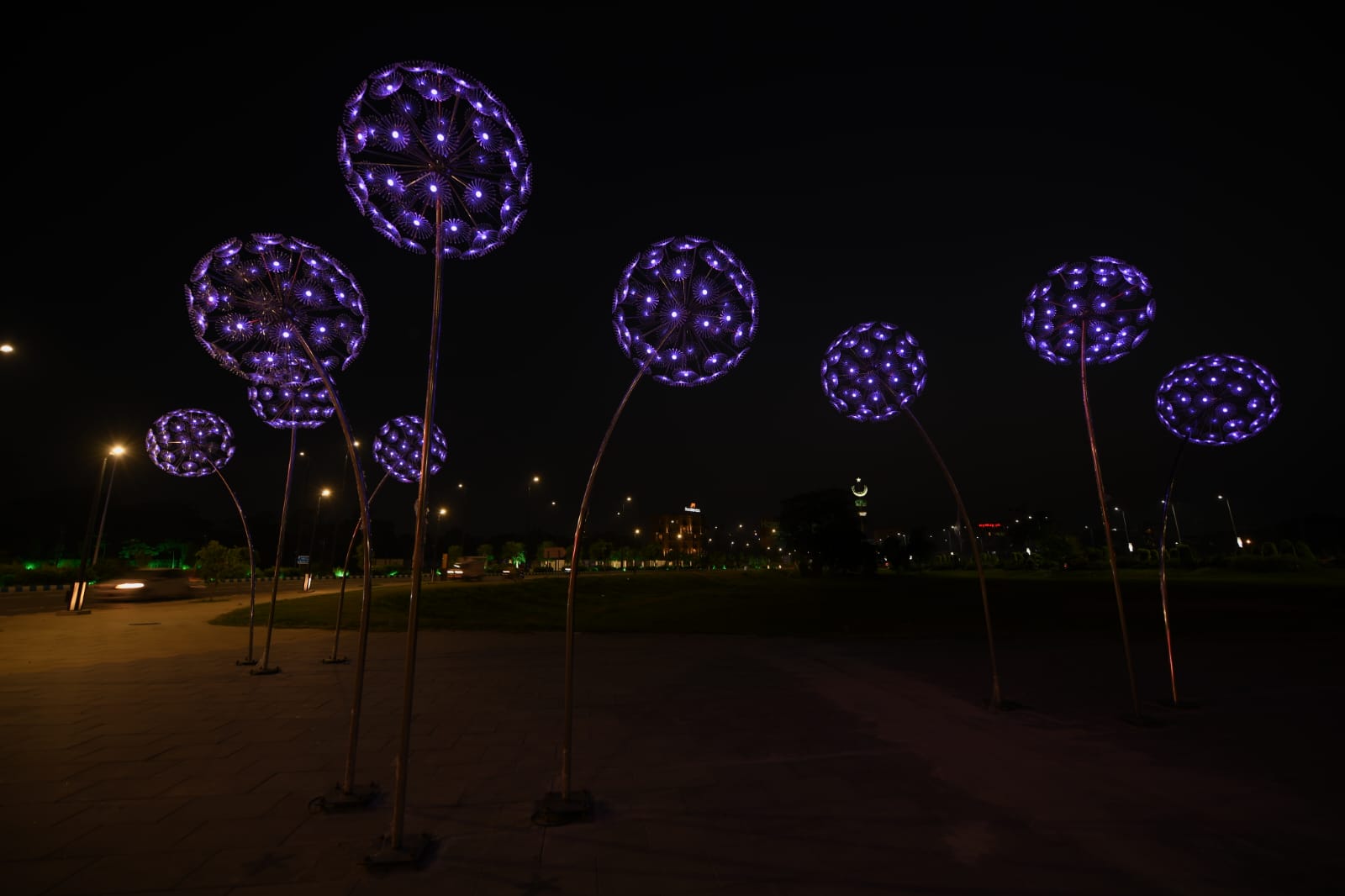 Purple illuminated dandelion-shaped light sculptures along CBD Route 47 at night